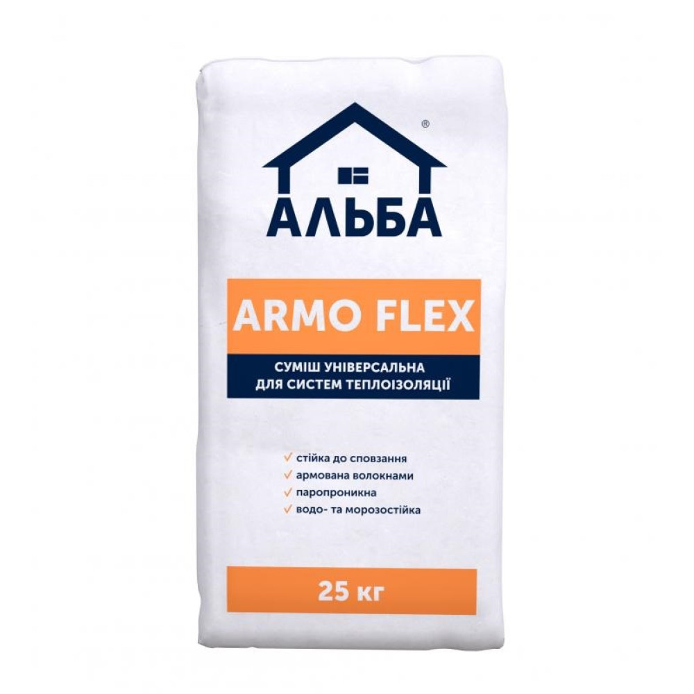 Суміш універсальна клейова для систем теплоізоляції АЛЬБА ARMO FLEX 25кг Суміш універсальна клейова для систем теплоізоляції АЛЬБА ARMO FLEX 25кг