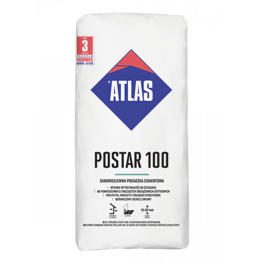 Швидкотвердіюча цеметно-підкладова суміш ATLAS POSTAR 100  (10-50мм)  25кг  Швидкотвердіюча цеметно-підкладова суміш ATLAS POSTAR 100  (10-50мм)  25кг